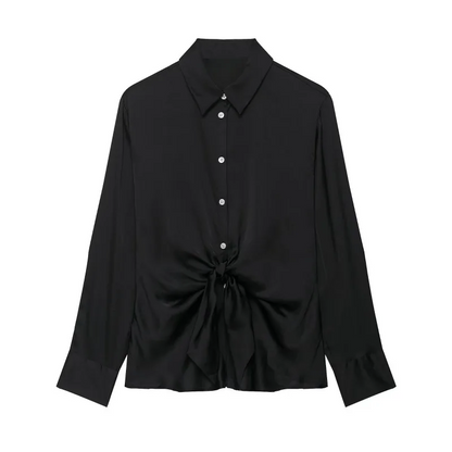 Camilla Camicia da Donna in Raso con Nodo | Maniche Lunghe, con Bottoni