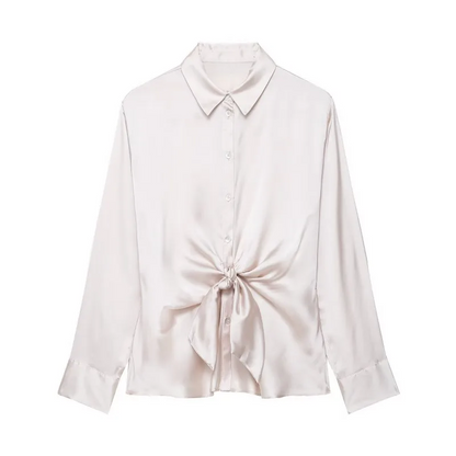 Camilla Camicia da Donna in Raso con Nodo | Maniche Lunghe, con Bottoni