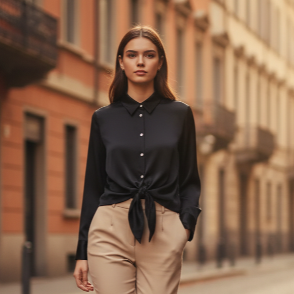 Camilla Camicia da Donna in Raso con Nodo | Maniche Lunghe, con Bottoni