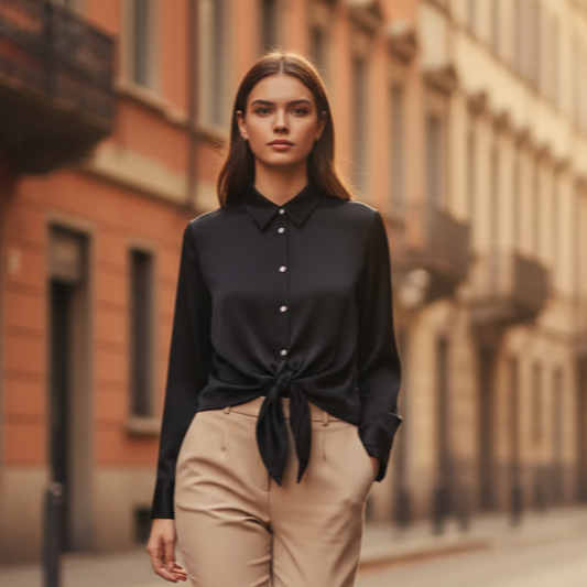 Camilla Camicia da Donna in Raso con Nodo | Maniche Lunghe, con Bottoni