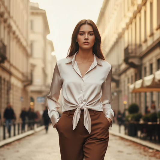 Camilla Camicia da Donna in Raso con Nodo | Maniche Lunghe, con Bottoni