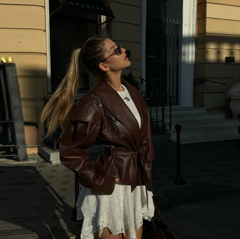 Livara Giacca di Pelle Donna con Lacci | Vita Sottile, Colletto a Risvolto