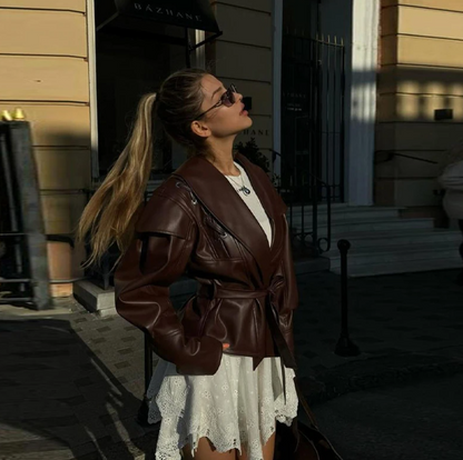 Livara Giacca di Pelle Donna con Lacci | Vita Sottile, Colletto a Risvolto