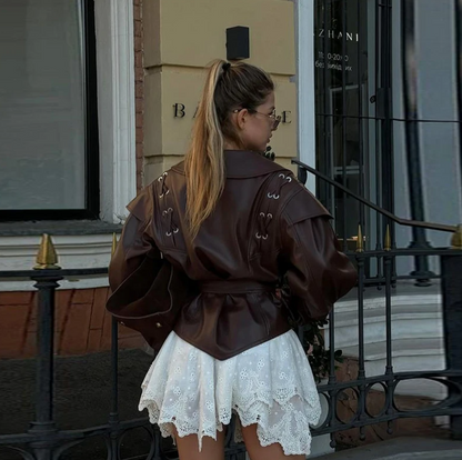 Livara Giacca di Pelle Donna con Lacci | Vita Sottile, Colletto a Risvolto