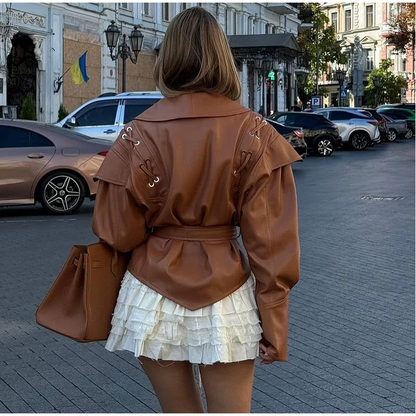 Livara Giacca di Pelle Donna con Lacci | Vita Sottile, Colletto a Risvolto