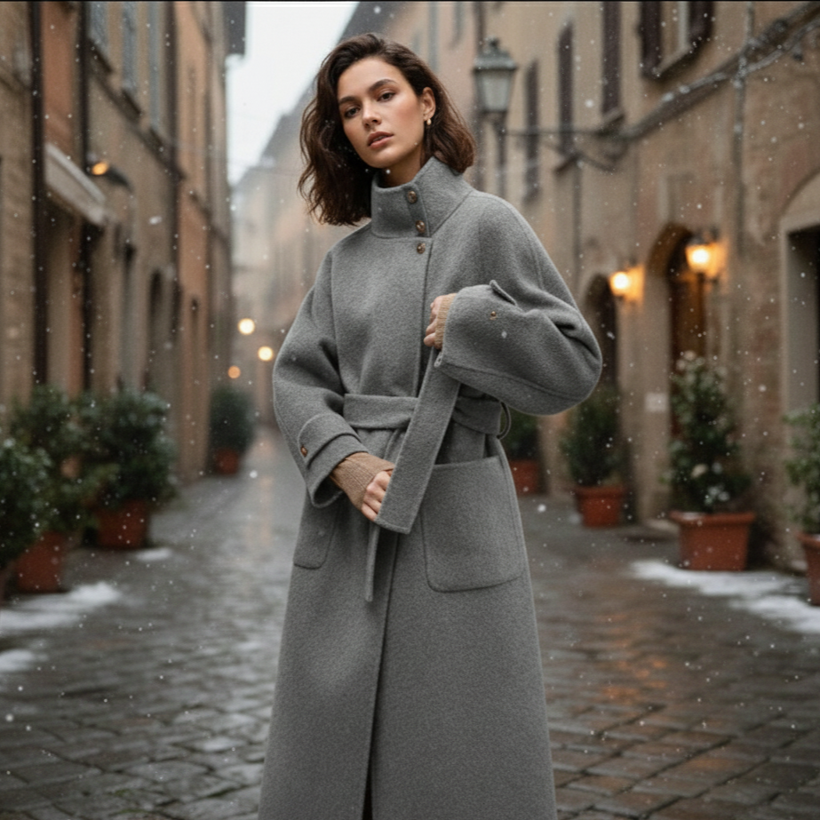 Ciora Cappotto Lungo da Donna a Doppia Faccia in Misto Lana | Collo Alto, con Cintura