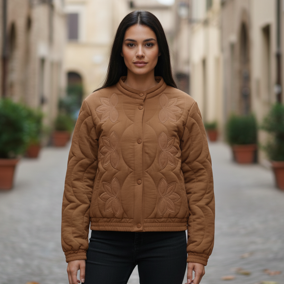 Livia Giacca Invernale Donna Trapuntata con Ricami Floreali | Maniche Lunghe