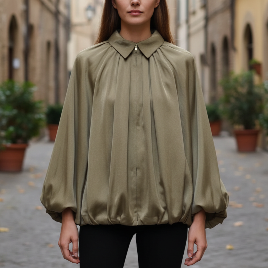 Galia Giacca da Donna in Raso Leggere | Maniche Lunghe, Design Pieghettato