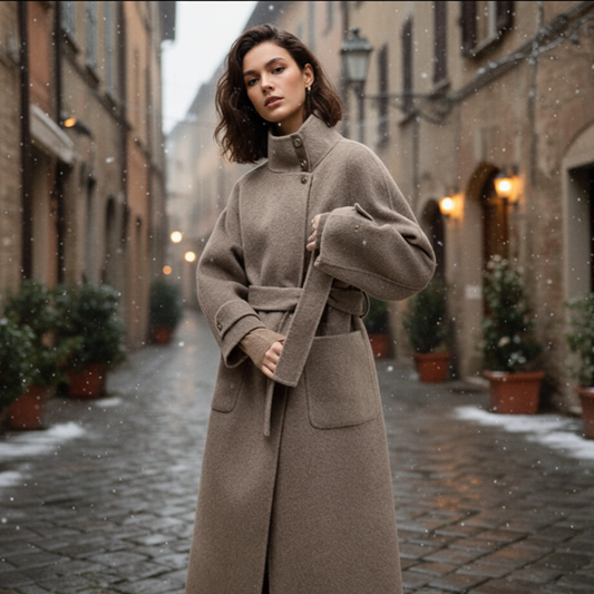 Ciora Cappotto Lungo da Donna a Doppia Faccia in Misto Lana | Collo Alto, con Cintura