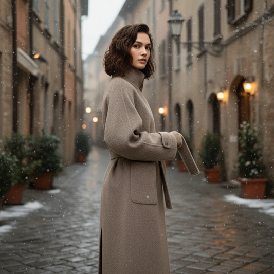 Ciora Cappotto Lungo da Donna a Doppia Faccia in Misto Lana | Collo Alto, con Cintura