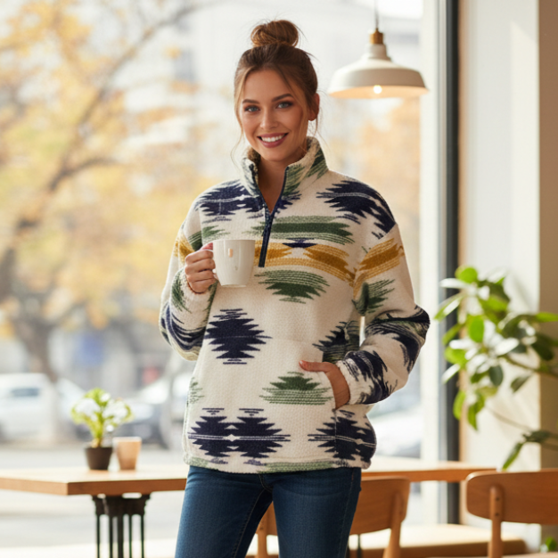 Filomena Pullover da Donna Boho con Zip | in Peluche, Caldo, Invernale