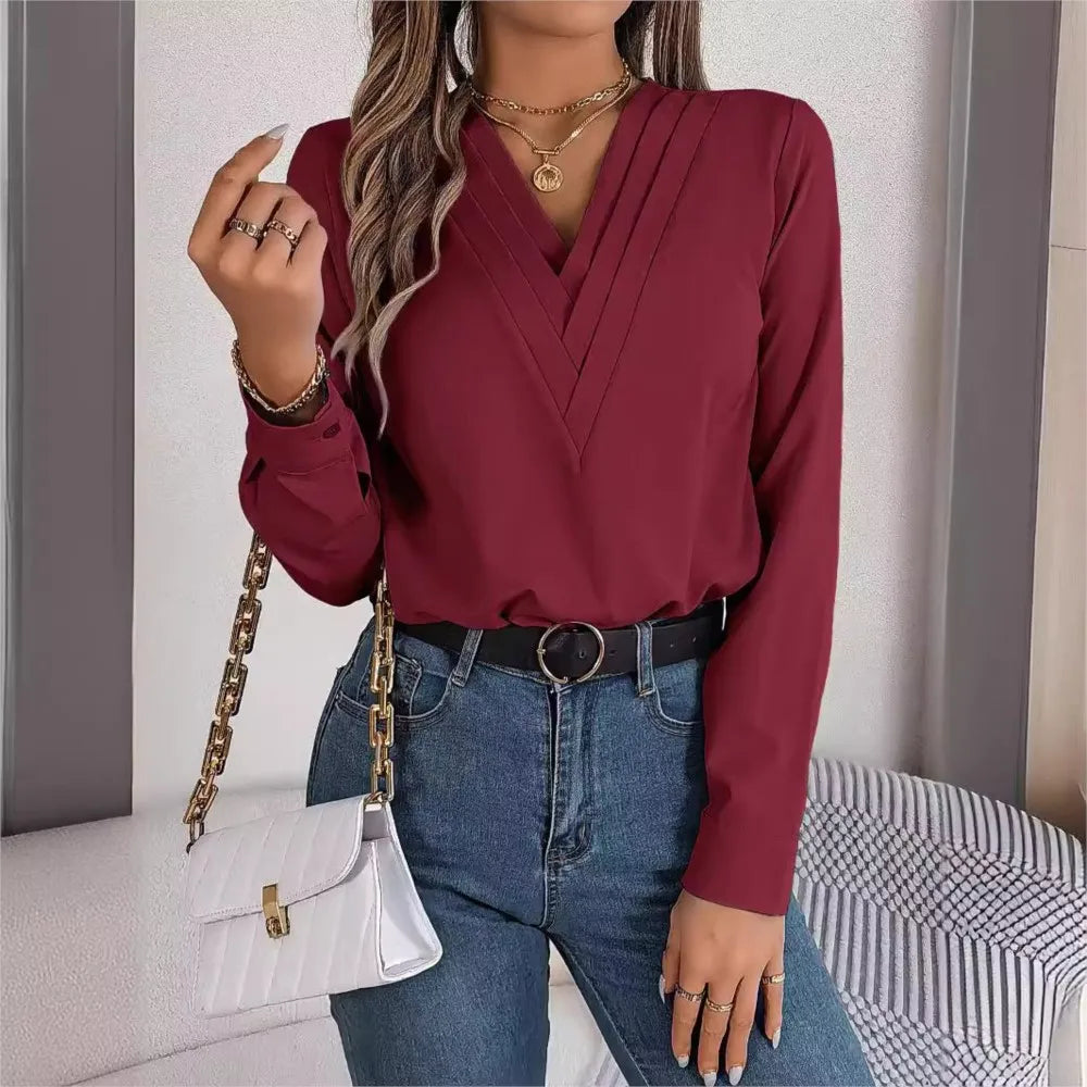 Lira Blusa da Donna Viscosa Elegante a V | Maniche Lunghe, Colore Unito 1