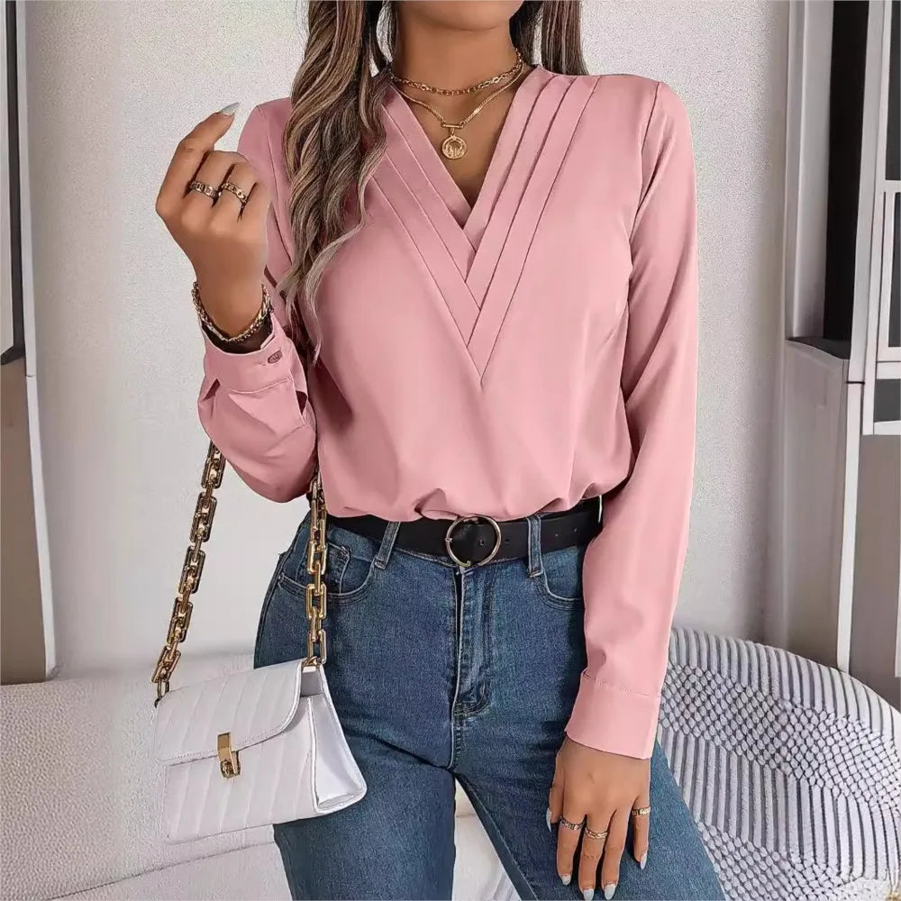 Lira Blusa da Donna Viscosa Elegante a V | Maniche Lunghe, Colore Unito 2