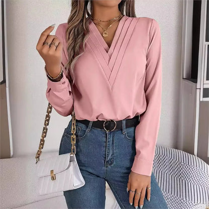 Lira Blusa da Donna Viscosa Elegante a V | Maniche Lunghe, Colore Unito 2