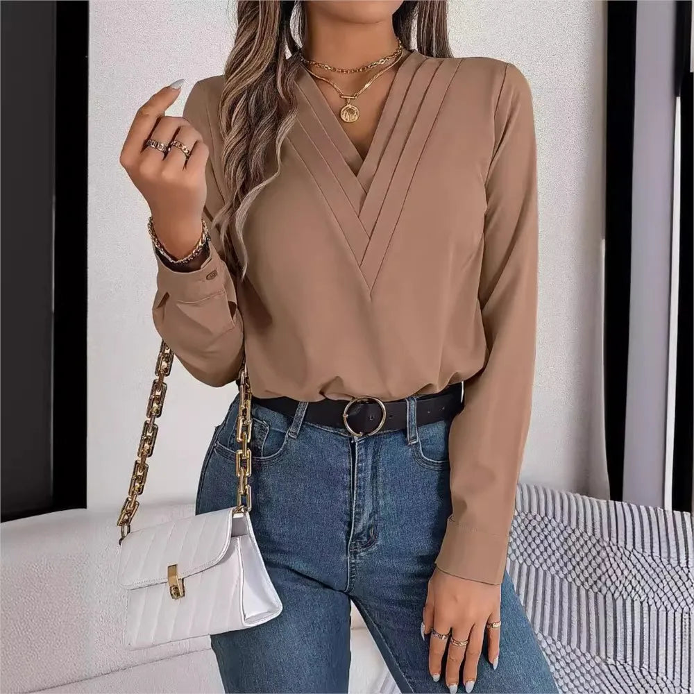 Lira Blusa da Donna Viscosa Elegante a V | Maniche Lunghe, Colore Unito 3