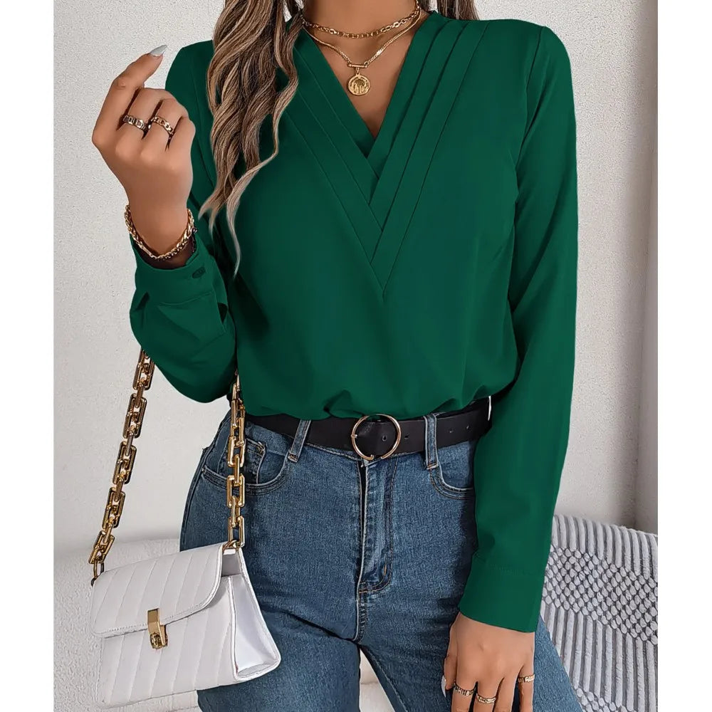 Lira Blusa da Donna Viscosa Elegante a V | Maniche Lunghe, Colore Unito 4