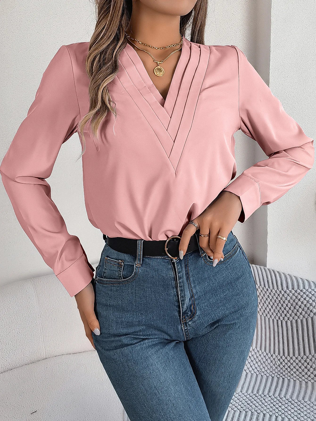 Lira Blusa da Donna Viscosa Elegante a V | Maniche Lunghe, Colore Unito 9