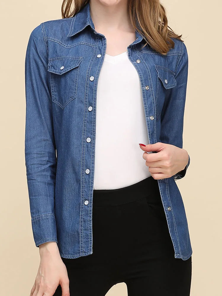 Lira Camicia Jeans Donna Elegante in Cotone Traspirante | Maniche Lunghe, Design Coreano 0