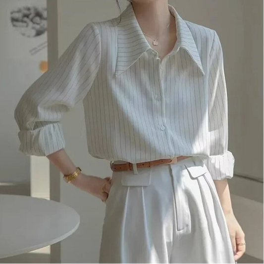 Lira Camicia da Donna a Righe con Collo a Camicia | Vintage, Maniche Lunghe 0