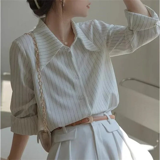 Lira Camicia da Donna a Righe con Collo a Camicia | Vintage, Maniche Lunghe 1