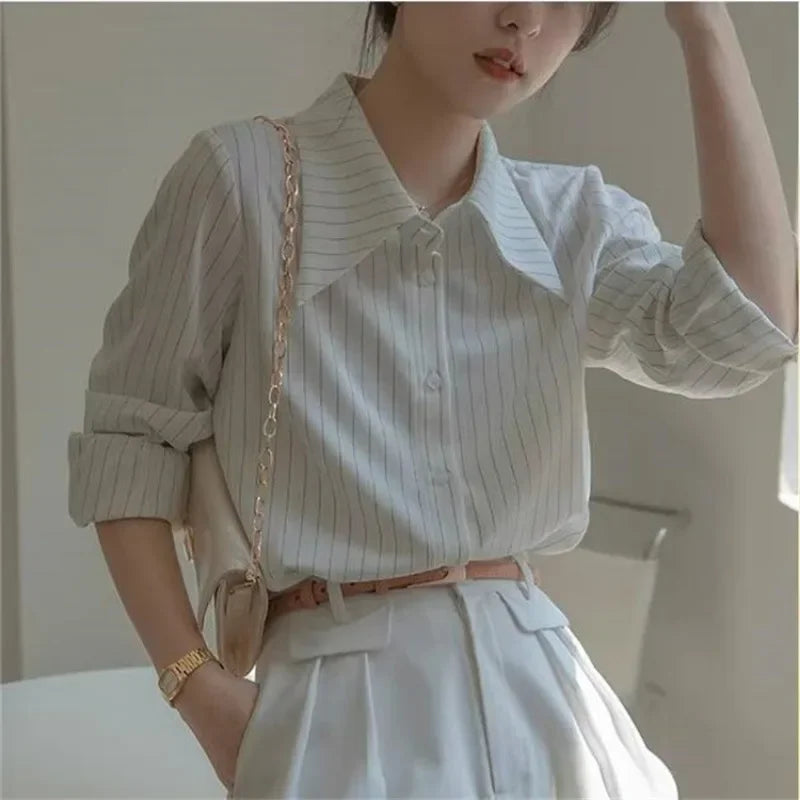 Lira Camicia da Donna a Righe con Collo a Camicia | Vintage, Maniche Lunghe 2