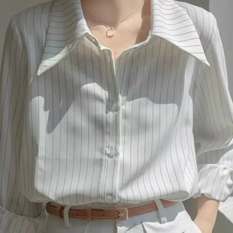 Lira Camicia da Donna a Righe con Collo a Camicia | Vintage, Maniche Lunghe 3