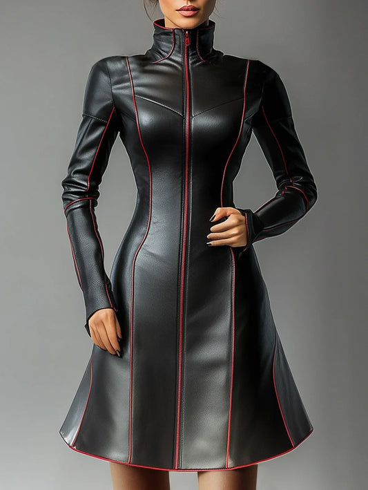 Livia Abito A-Line in Pelle da Donna con Collo Alto | Maniche Lunghe, Stile Vintage 0