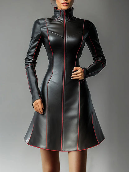 Livia Abito A-Line in Pelle da Donna con Collo Alto | Maniche Lunghe, Stile Vintage 1
