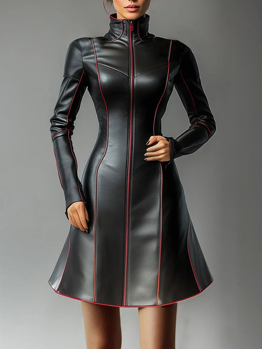 Livia Abito A-Line in Pelle da Donna con Collo Alto | Maniche Lunghe, Stile Vintage 1