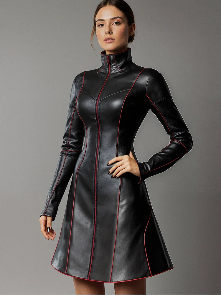 Livia Abito A-Line in Pelle da Donna con Collo Alto | Maniche Lunghe, Stile Vintage 2