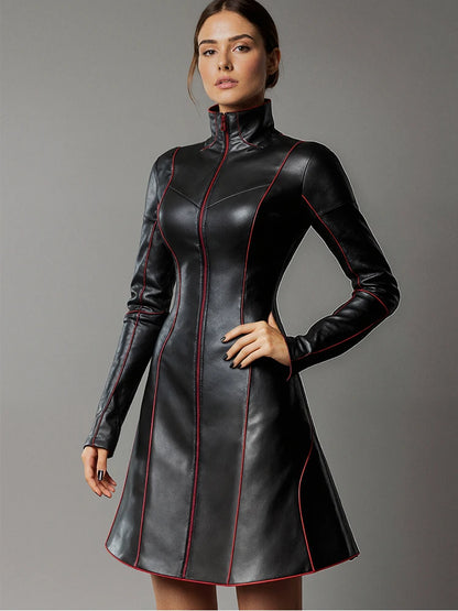 Livia Abito A-Line in Pelle da Donna con Collo Alto | Maniche Lunghe, Stile Vintage 2