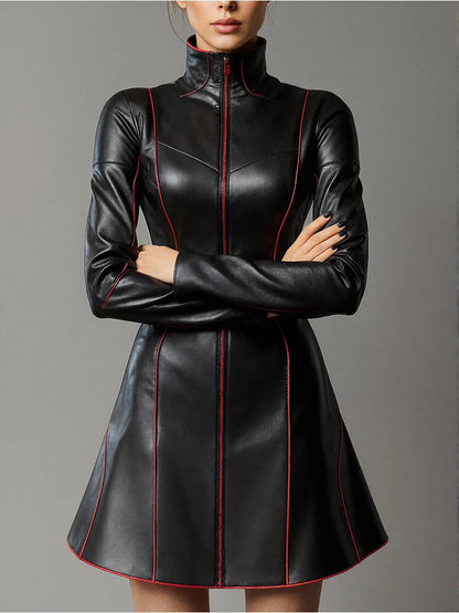 Livia Abito A-Line in Pelle da Donna con Collo Alto | Maniche Lunghe, Stile Vintage 3