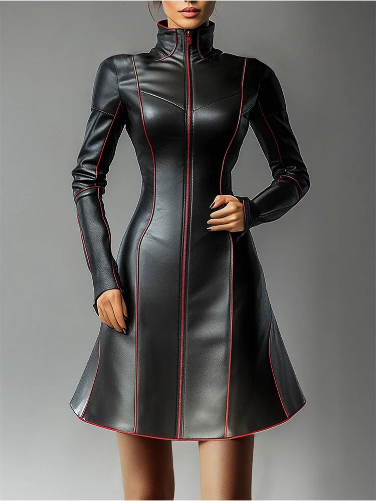 Livia Abito A-Line in Pelle da Donna con Collo Alto | Maniche Lunghe, Stile Vintage 4
