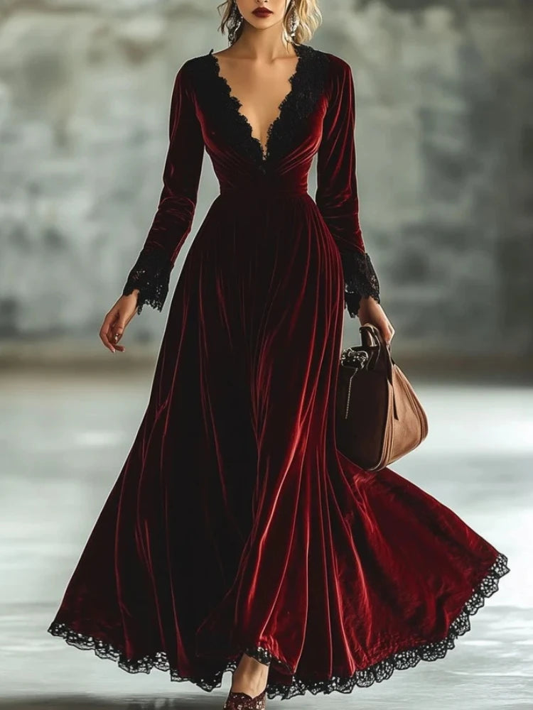 Livia Abito Maxi da Donna Velluto Vintage con Pieghe | Maniche Lunghe, Scollo a V 0