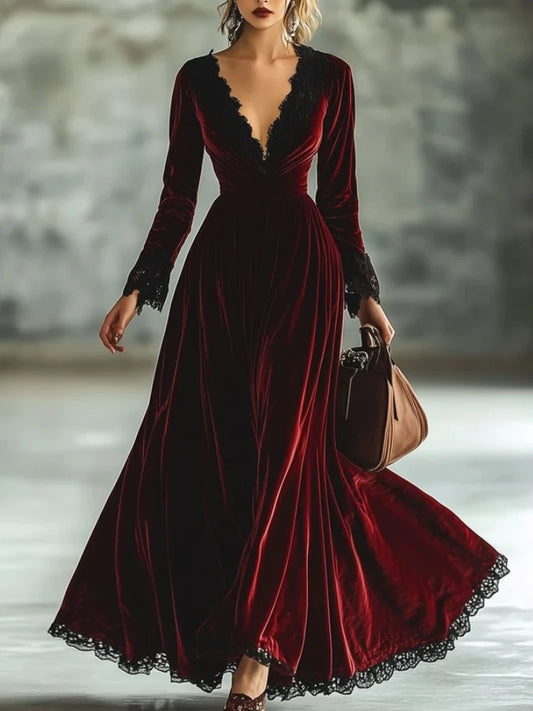 Livia Abito Maxi da Donna Velluto Vintage con Pieghe | Maniche Lunghe, Scollo a V 0