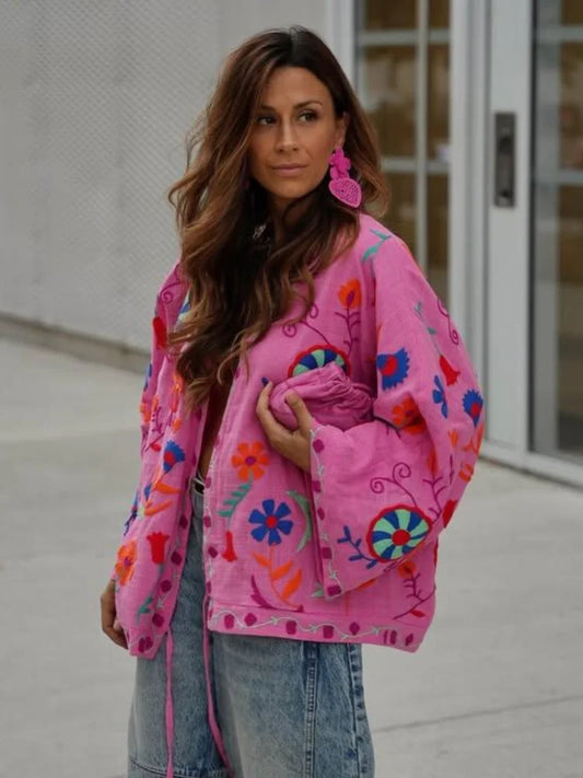 Livia Giacca Donna Rosa con Stampa Elegante | Maniche Lunghe, Scollo a V 1