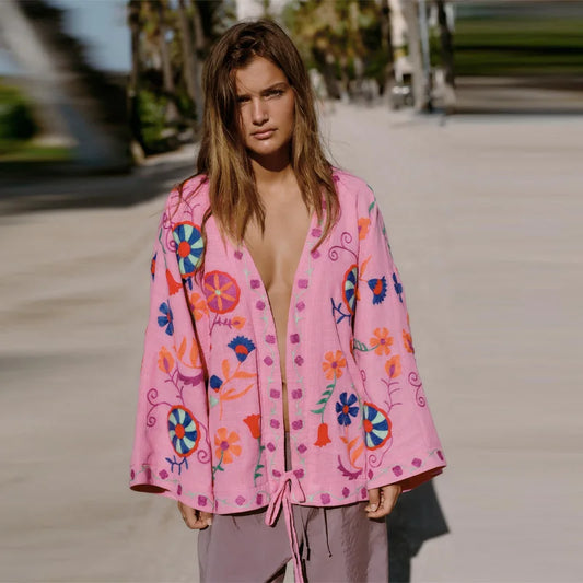 Livia Giacca Donna Rosa con Stampa Elegante | Maniche Lunghe, Scollo a V 5