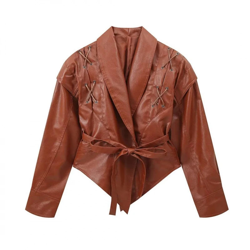 Livia Giacca di Pelle Donna Elegante con Maniche Lunghe | Vita Sottile, Colletto a Risvolto 8