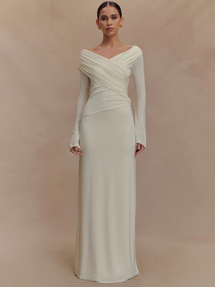 Mavina Abito Maxi da Donna Viscosa con Scollo a V | Vita Alta, Maniche Lunghe 0