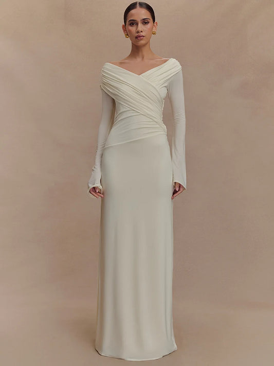 Mavina Abito Maxi da Donna Viscosa con Scollo a V | Vita Alta, Maniche Lunghe 0
