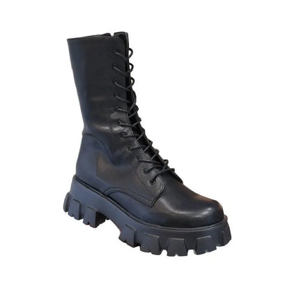 Sentiero Stivali Donna Stringate | a Metà Polpaccio, con Plateau e Cerniera - Stivale nero donna stringato metà polpaccio con suola platform carrarmato e cerniera. - Nero / 35 - botas mujer, footwear autunno-inverno, stivaletti moda, stivali, stivali alla caviglia, stivali casual, stivali con lacci, stivali d'inverno, stivali eleganti
