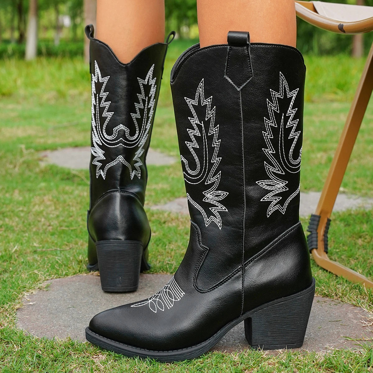 Solace Stivali da Cowboy Donna Ricamati | Tacco Quadrato, Suola Spessa, a Punta - Stivali cowboy neri donna con ricamo grigio, tacco quadrato e punta affilata. - Arancione / 36