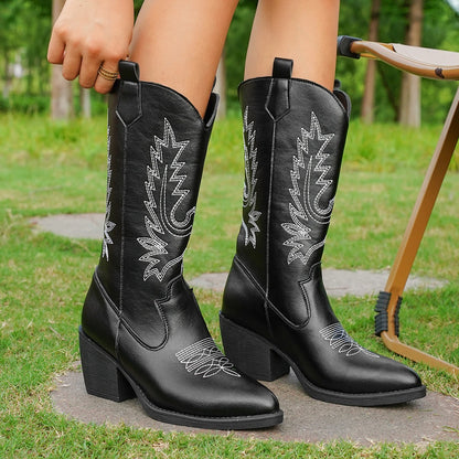 Solace Stivali da Cowboy Donna Ricamati | Tacco Quadrato, Suola Spessa, a Punta - Stivali da cowboy neri da donna con ricami bianchi, tacco quadrato e punta affilata. - Arancione / 36