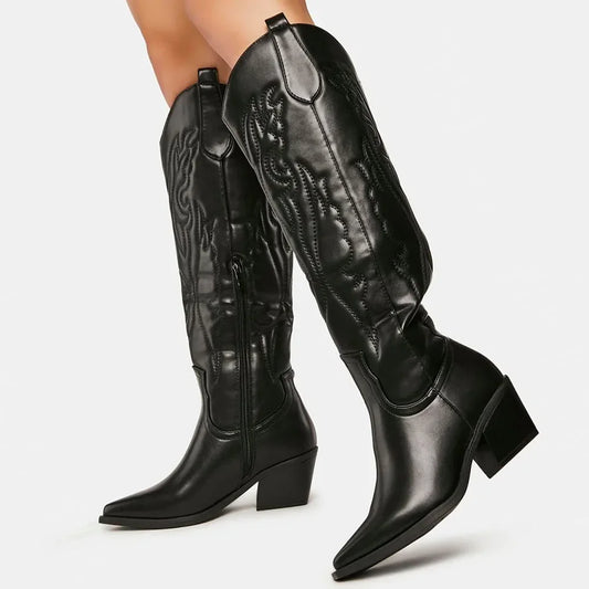 Sella Stivali Donna Western Vintage | Alti al Ginocchio, con Cerniera Nero Stivali da donna