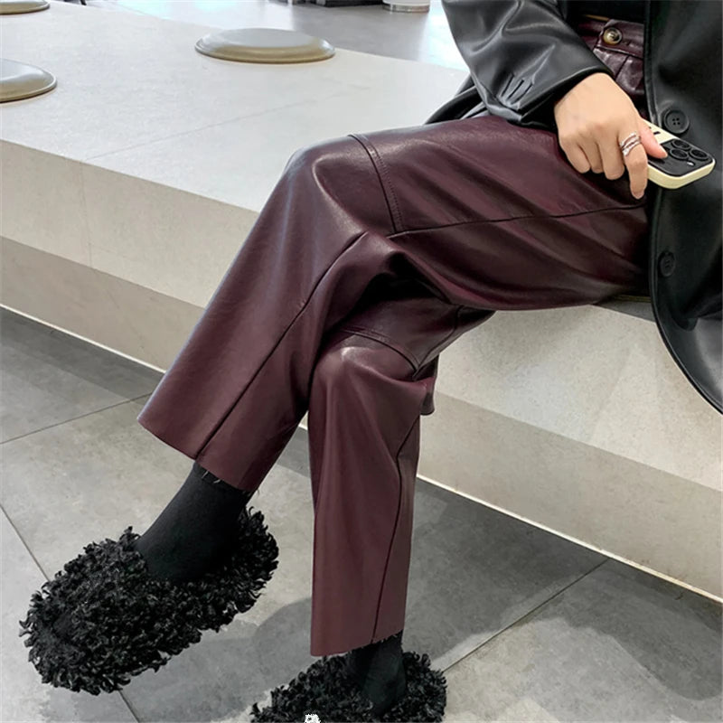 Vinta Pantaloni da Donna in PU Pelle a Vita Alta Dritti | Con Tasche, Eleganti 0