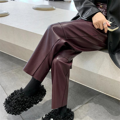 Vinta Pantaloni da Donna in PU Pelle a Vita Alta Dritti | Con Tasche, Eleganti 0