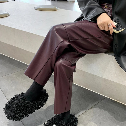 Vinta Pantaloni da Donna in PU Pelle a Vita Alta Dritti | Con Tasche, Eleganti 0