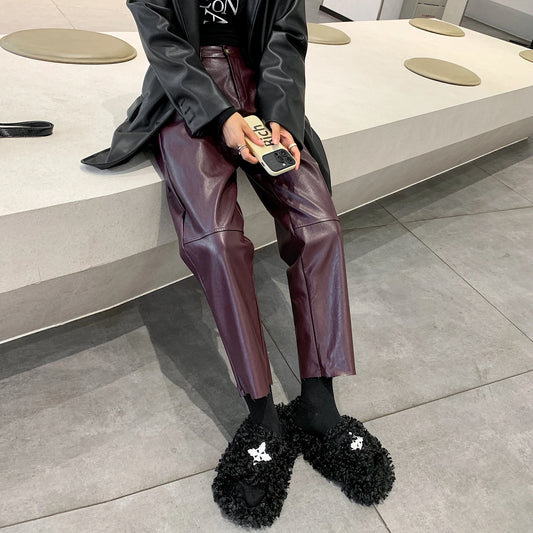 Vinta Pantaloni da Donna in PU Pelle a Vita Alta Dritti | Con Tasche, Eleganti 1