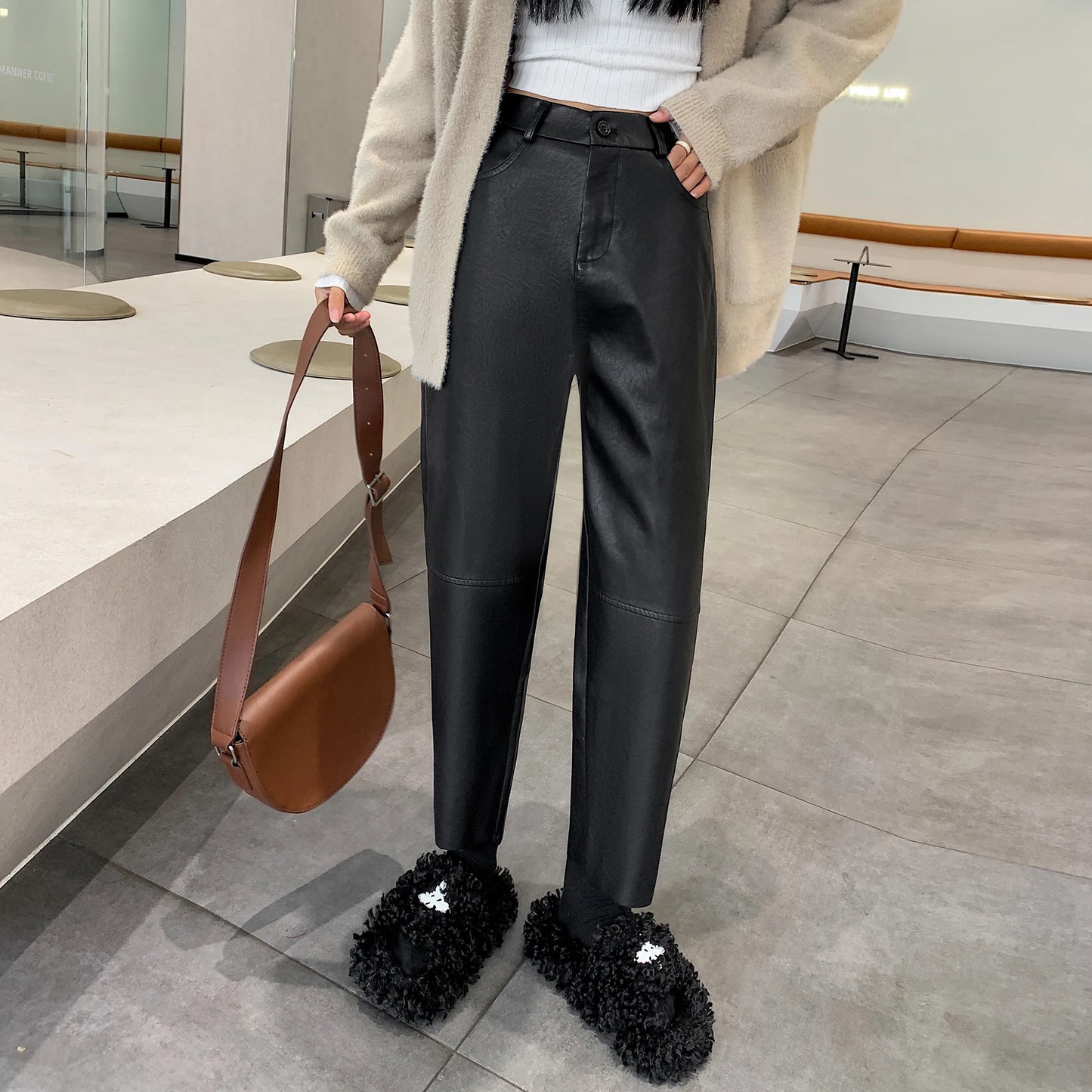 Vinta Pantaloni da Donna in PU Pelle a Vita Alta Dritti | Con Tasche, Eleganti 5